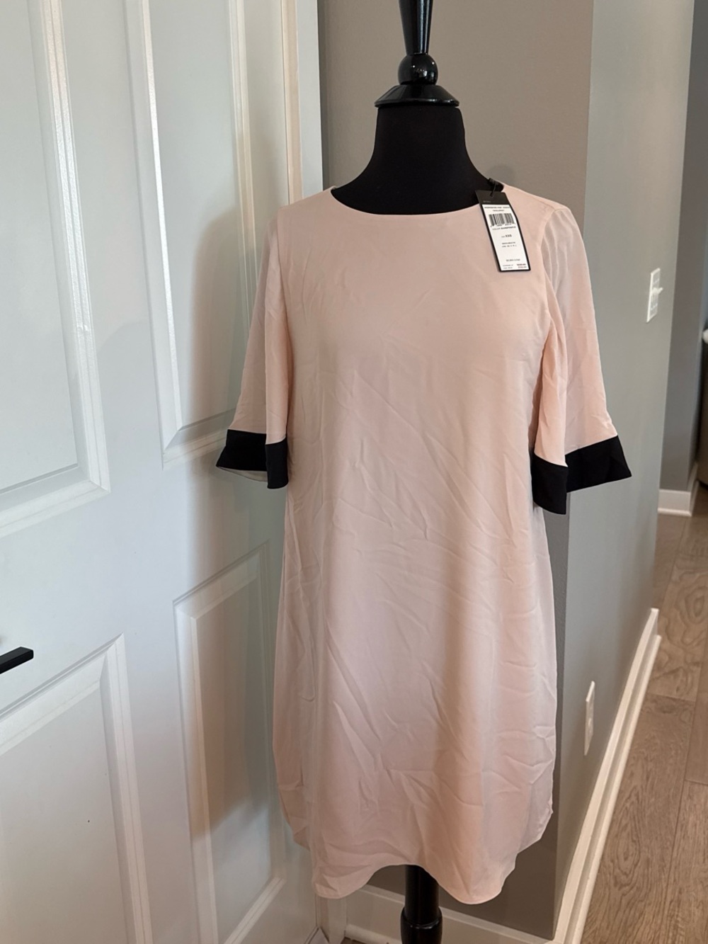 BCBGMaxAzria Pale Pink Shift Dress with Black Sleeve Cuffs